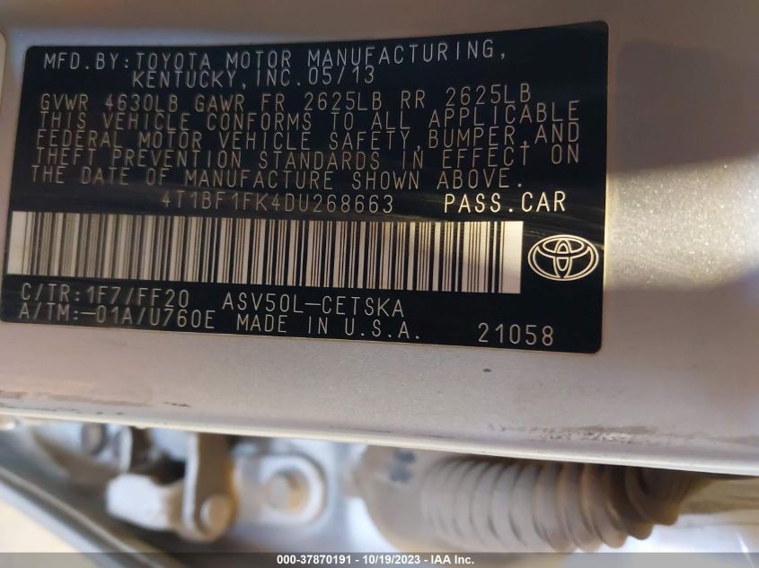 2013 TOYOTA CAMRY L/LE/SE/XLE - 4T1BF1FK4DU268663