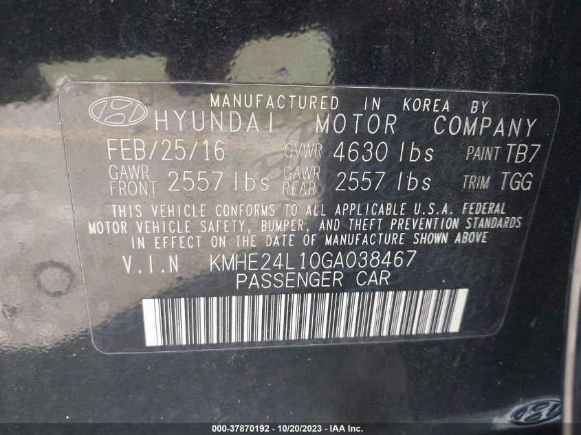2016 HYUNDAI SONATA HYBRID SE - KMHE24L10GA038467
