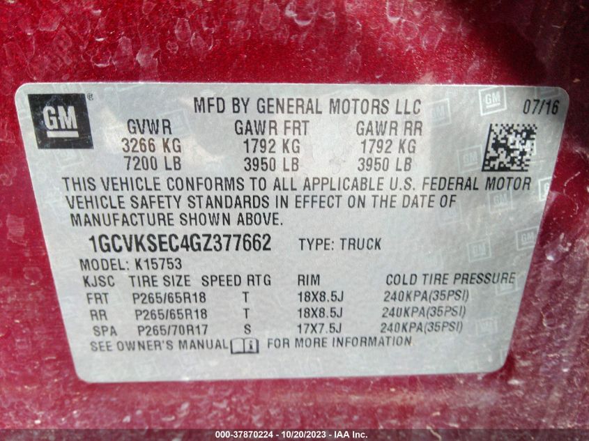 2016 CHEVROLET SILVERADO 1500 LTZ - 1GCVKSEC4GZ377662