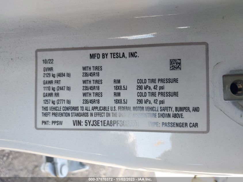 2023 TESLA MODEL 3 - 5YJ3E1EA8PF383770