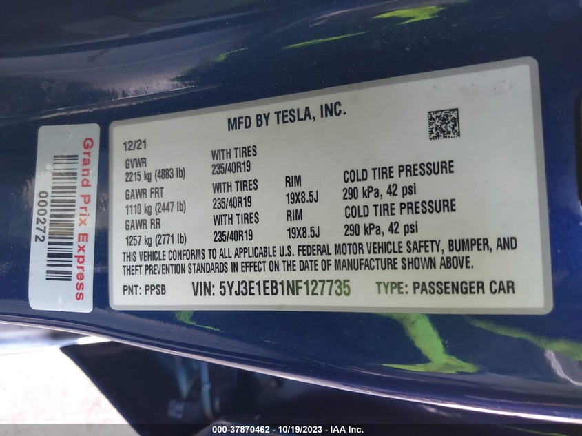 VIN 5YJ3E1EB1NF127735 2022 TESLA MODEL 3 LONG RANGE