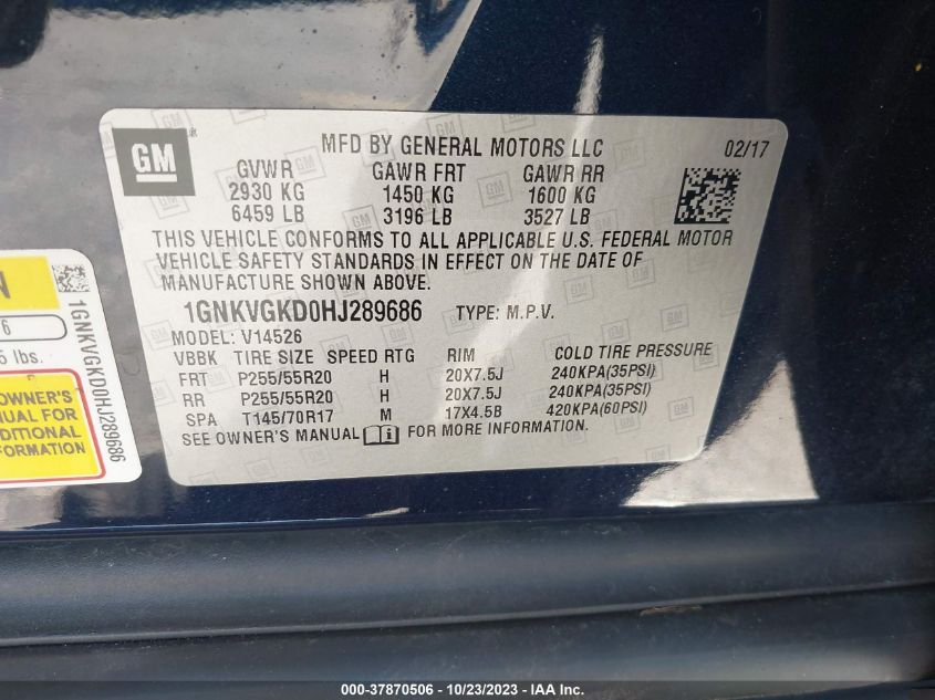 2017 CHEVROLET TRAVERSE LT - 1GNKVGKD0HJ289686