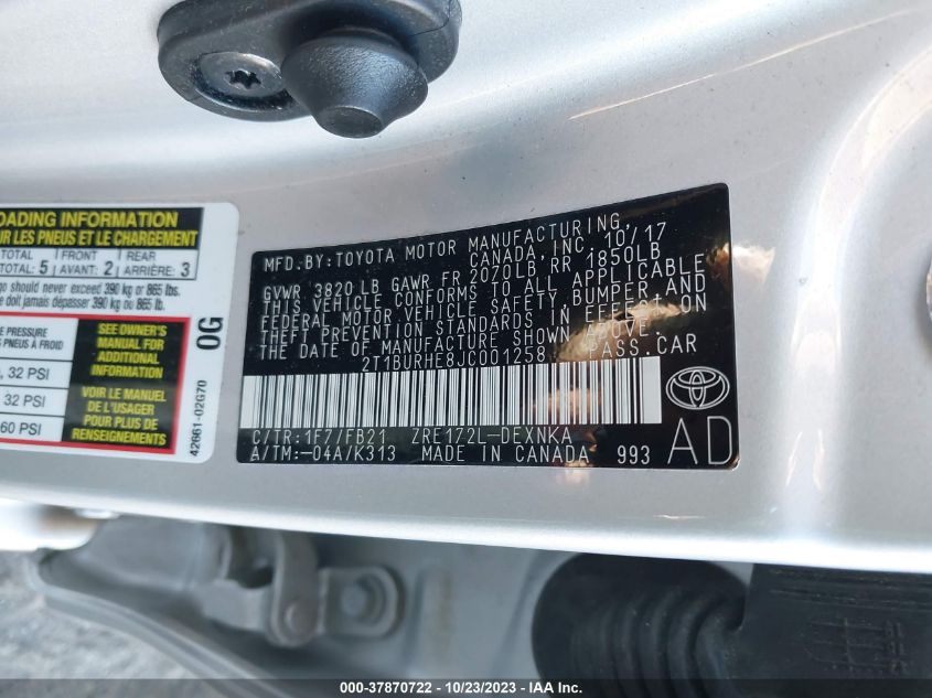2018 TOYOTA COROLLA L/LE/XLE/SE/XSE - 2T1BURHE8JC001258