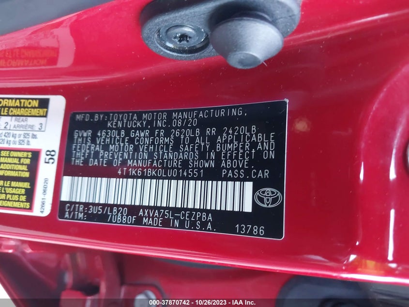 VIN 4T1K61BK0LU014551 2020 TOYOTA CAMRY XSE
