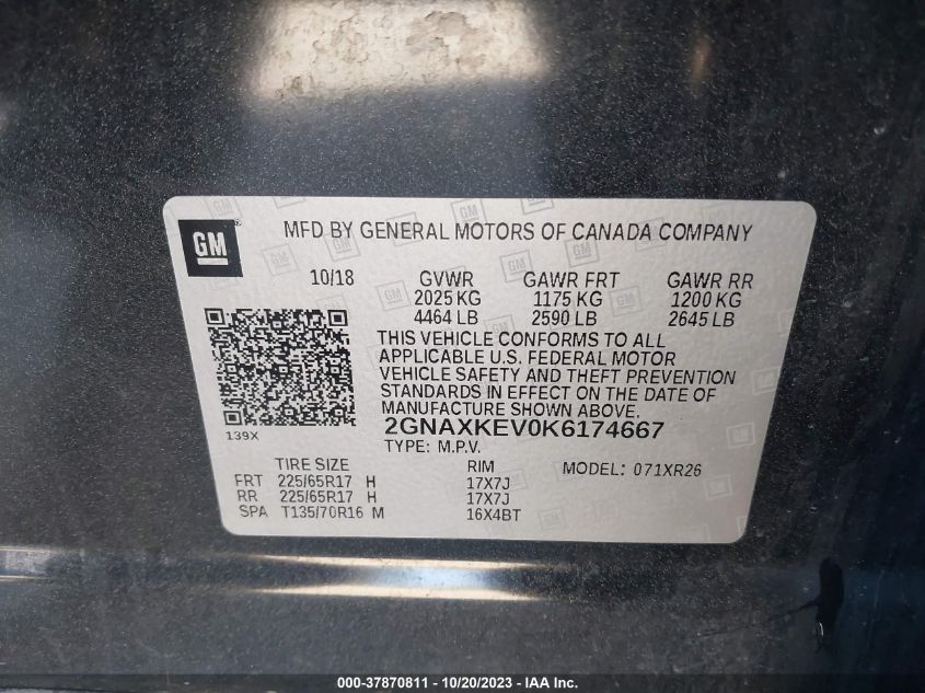 2019 CHEVROLET EQUINOX LT - 2GNAXKEV0K6174667