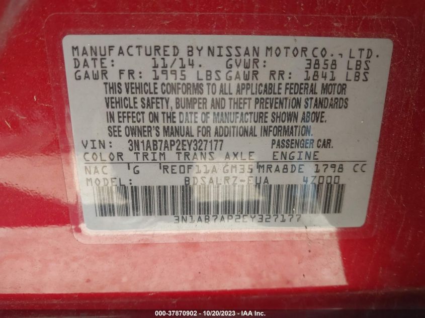 2014 NISSAN SENTRA S/SV/SR/SL - 3N1AB7AP2EY327177