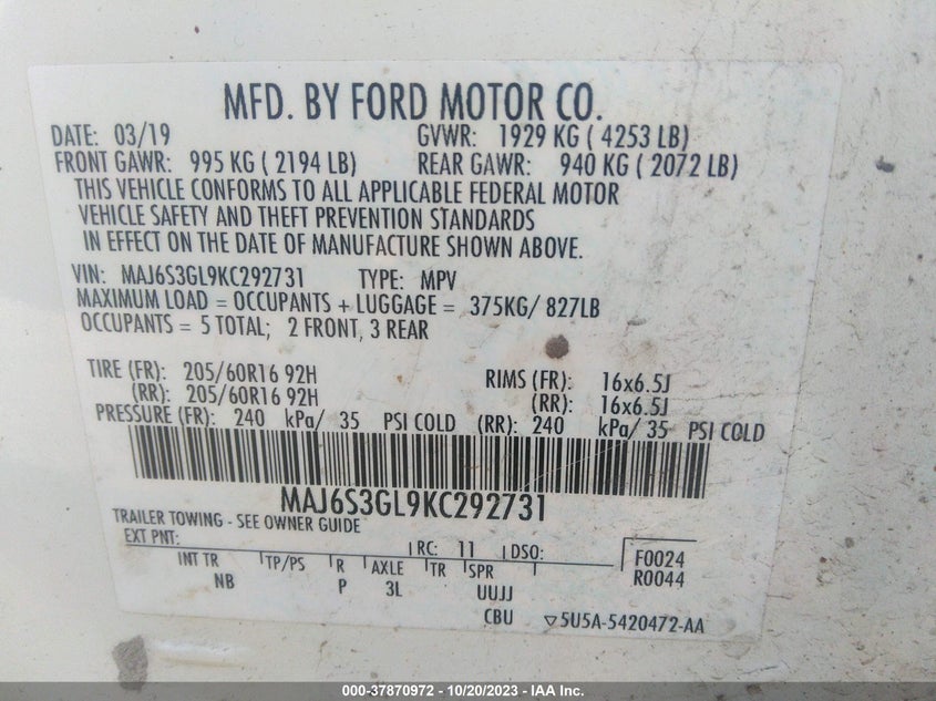 VIN MAJ6S3GL9KC292731 2019 FORD ECOSPORT SE