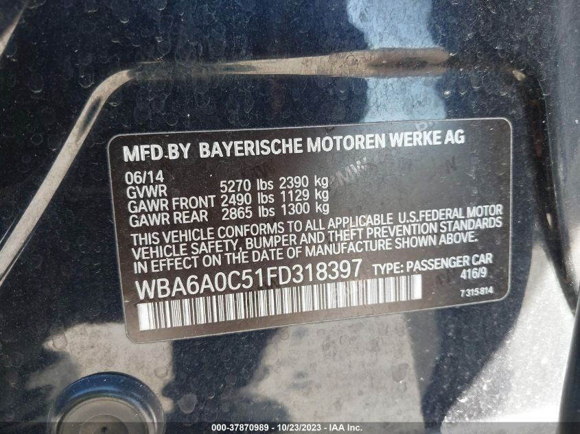 2015 BMW 640I GRAN COUPE WBA6A0C51FD318397
