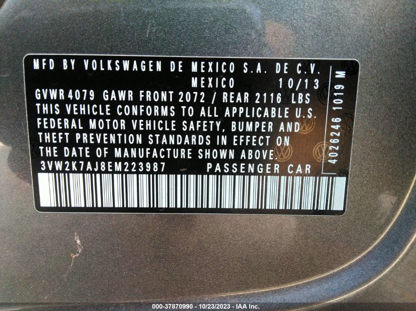 2014 VOLKSWAGEN JETTA SEDAN S 3VW2K7AJ8EM223987
