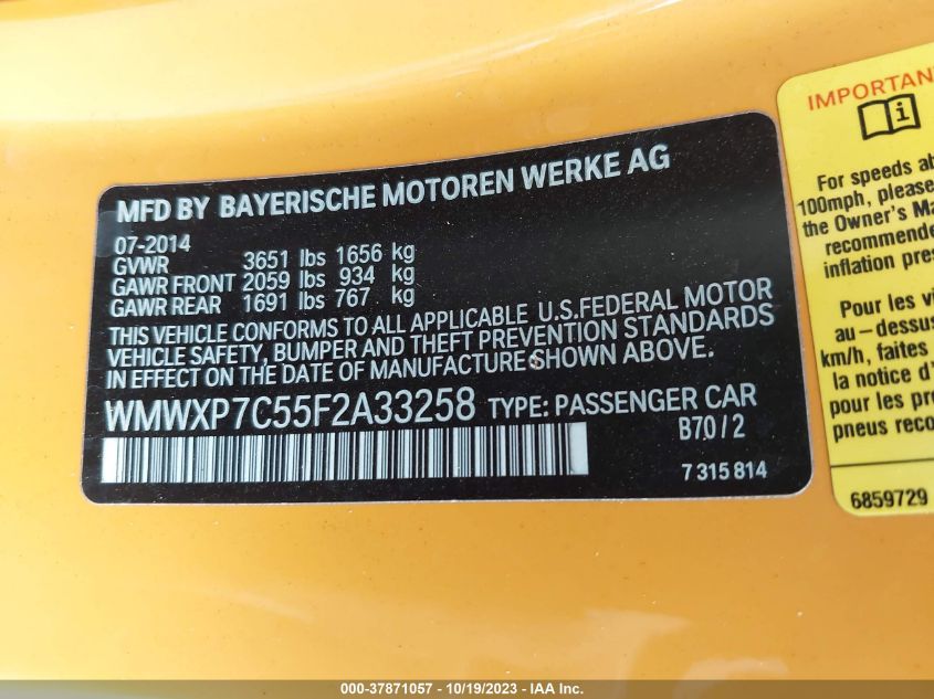 2015 MINI HARDTOP COOPER S - WMWXP7C55F2A33258