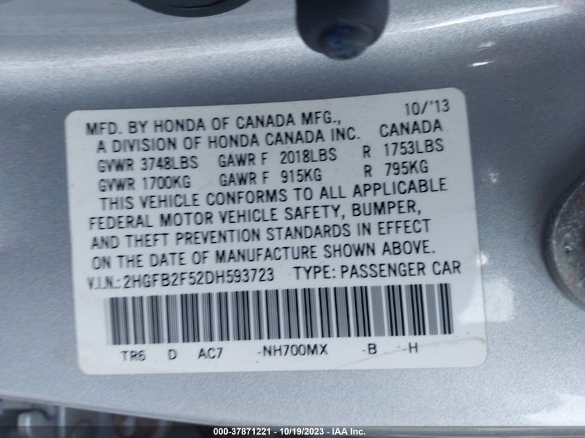 2013 HONDA CIVIC SDN LX 2HGFB2F52DH593723