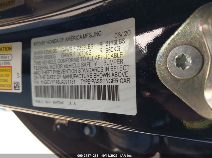 VIN 1HGCV1F48LA091131 2020 HONDA ACCORD SEDAN EX