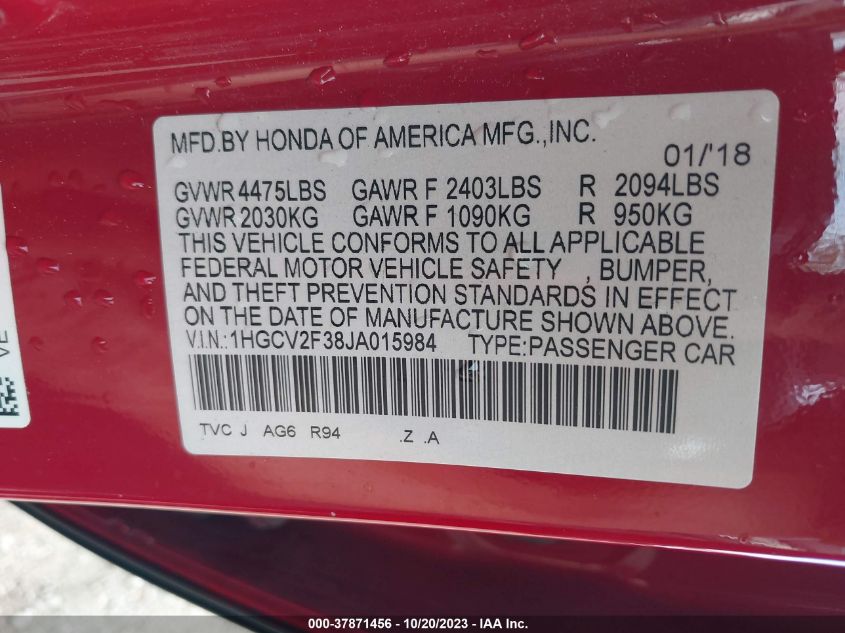 2018 HONDA ACCORD SPORT 2.0T - 1HGCV2F38JA015984