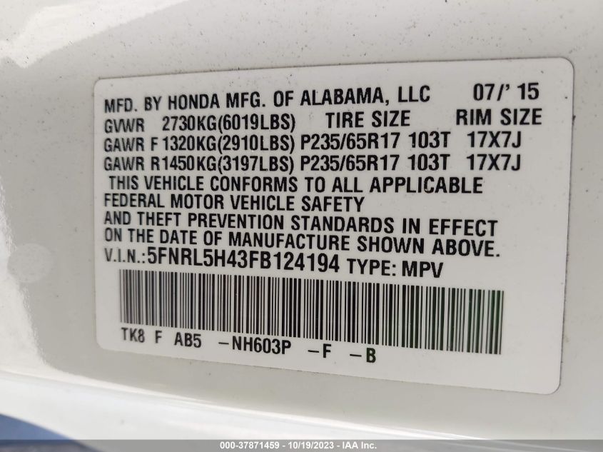 2015 HONDA ODYSSEY EX - 5FNRL5H43FB124194