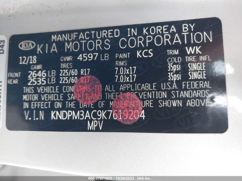 2019 KIA SPORTAGE LX - KNDPM3AC9K7619204