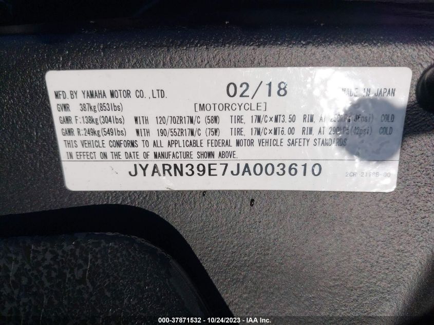 2018 YAMAHA MTN1000 JYARN48E7JA00361E