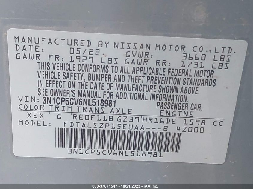 2022 NISSAN KICKS SV - 3N1CP5CV6NL518981