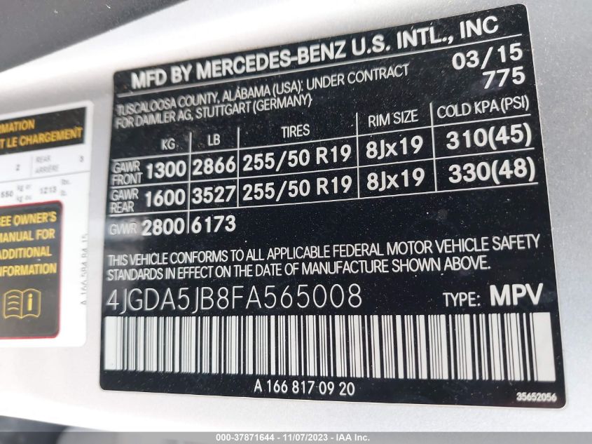 2015 MERCEDES-BENZ ML 350 4JGDA5JB8FA565008