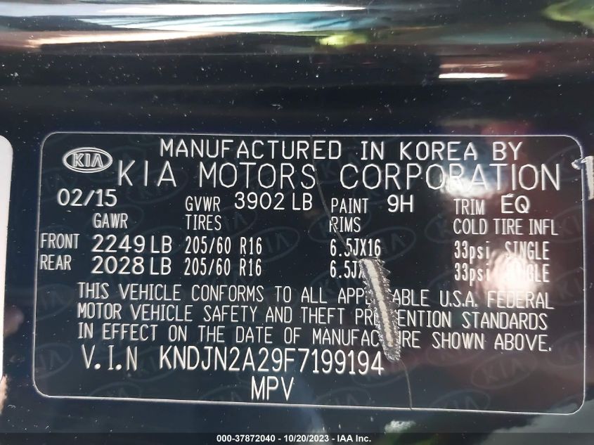2015 KIA SOUL BASE - KNDJN2A29F7199194
