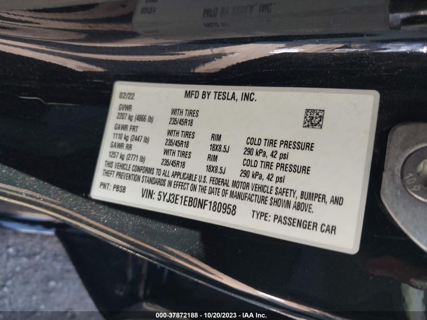 2022 TESLA MODEL 3 LONG RANGE - 5YJ3E1EB0NF180958