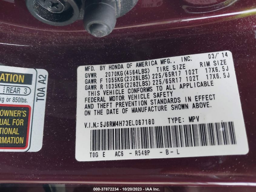 2014 HONDA CR-V EX-L 5J6RM4H73EL067180