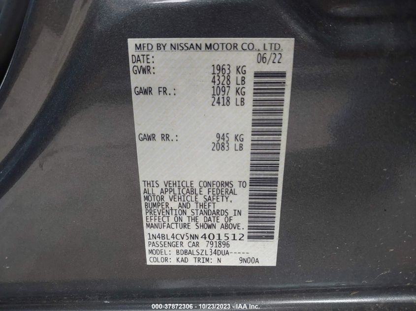 2022 NISSAN ALTIMA SR - 1N4BL4CV5NN401512