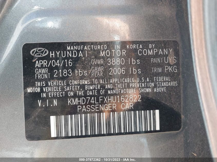 2017 HYUNDAI ELANTRA SE - KMHD74LFXHU162822