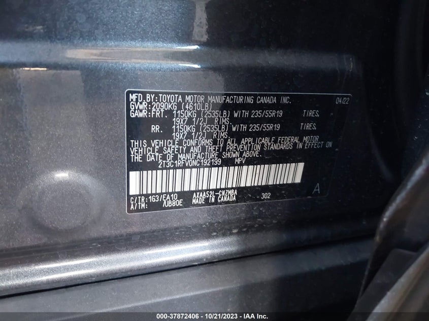 VIN 2T3C1RFV0NC192199 2022 TOYOTA RAV4 XLE PREMIUM
