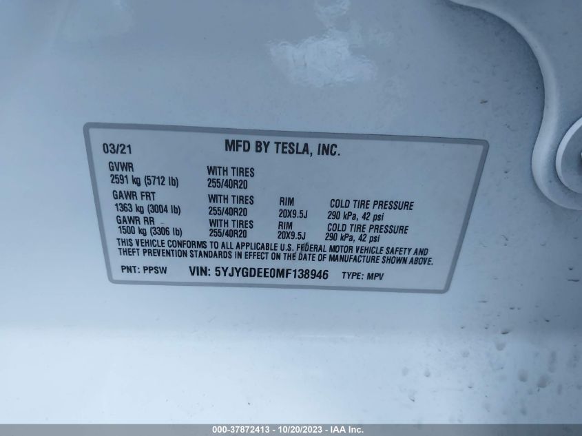 2021 TESLA MODEL Y - 5YJYGDEE0MF138946