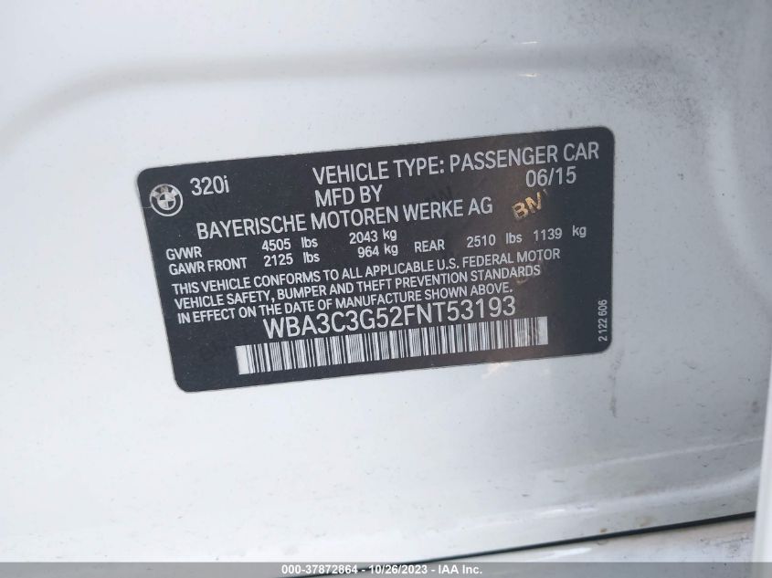 2015 BMW 320I XDRIVE - WBA3C3G52FNT53193