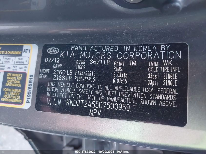 2013 KIA SOUL BASE - KNDJT2A55D7500959