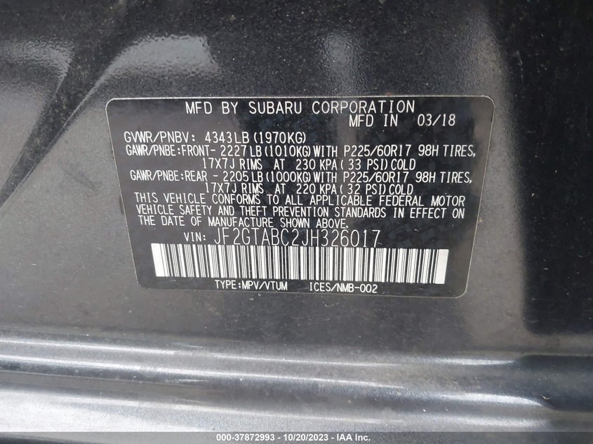 VIN JF2GTABC2JH326017 2018 SUBARU CROSSTREK PREMIUM