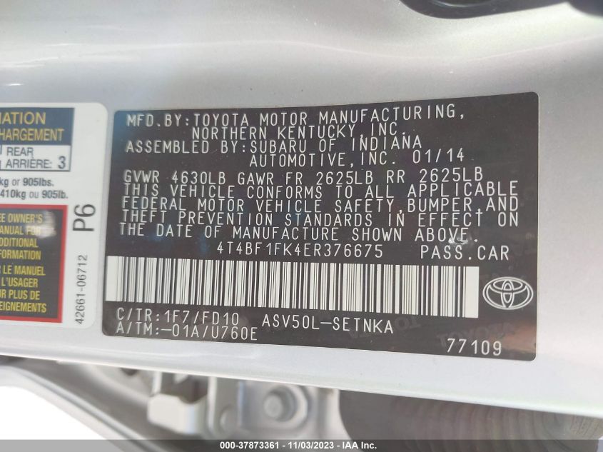 2014 TOYOTA CAMRY L/LE/XLE/SE/SE SPORT - 4T4BF1FK4ER376675