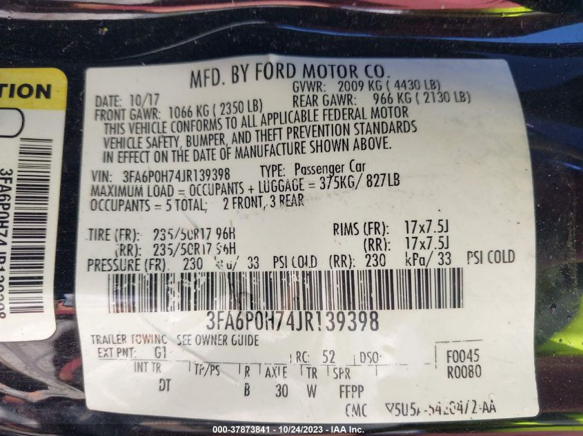 2018 FORD FUSION SE - 3FA6P0H74JR139398