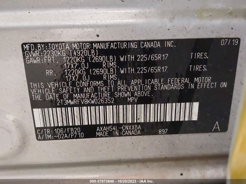 2019 TOYOTA RAV4 LE - 2T3MWRFV8KW026352