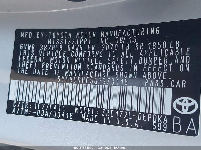 2016 TOYOTA COROLLA L/LE/LE PLS/PRM/S/S PLS - 05YFBURHE5GP37311