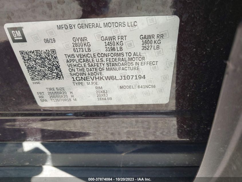 2020 CHEVROLET TRAVERSE LT LEATHER - 1GNEVHKW6LJ107194