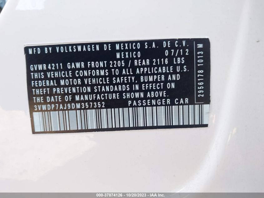 2013 VOLKSWAGEN JETTA SEDAN SE W/CONVENIENCE/SUNROOF 3VWDP7AJ9DM357352