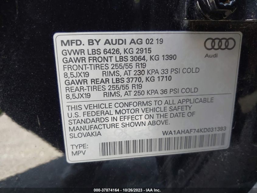 WA1AHAF74KD031393 2019 AUDI Q7, photo no. 9