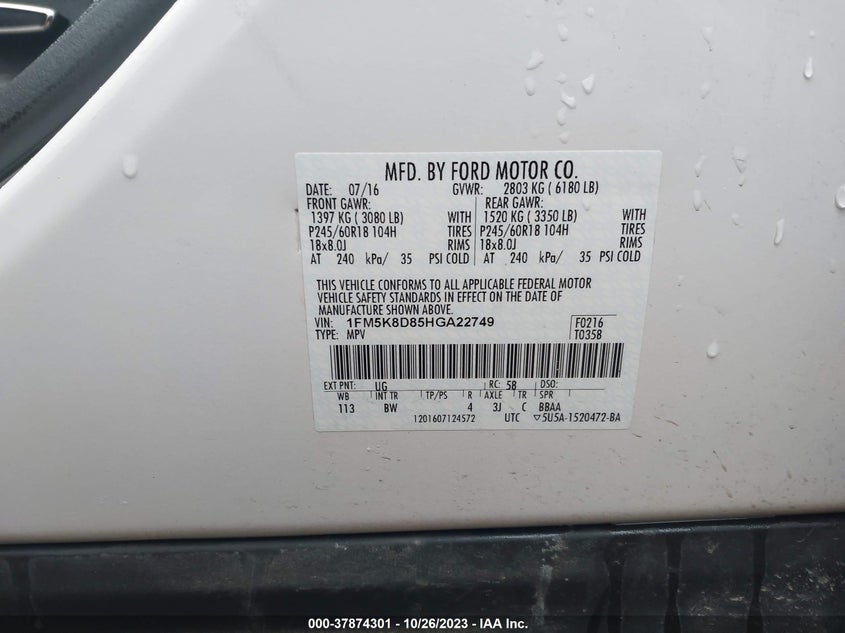 VIN 1FM5K8D85HGA22749 2017 FORD EXPLORER XLT