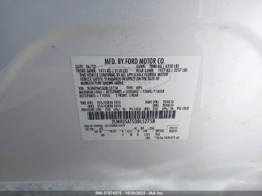 2013 LINCOLN MKT ECOBOOST - 2LMHJ5AT5DBL52758