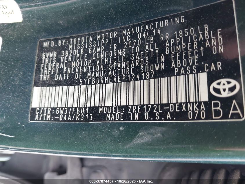 2014 TOYOTA COROLLA L/LE/S/S PLUS/LE PLUS - 5YFBURHE4EP124187