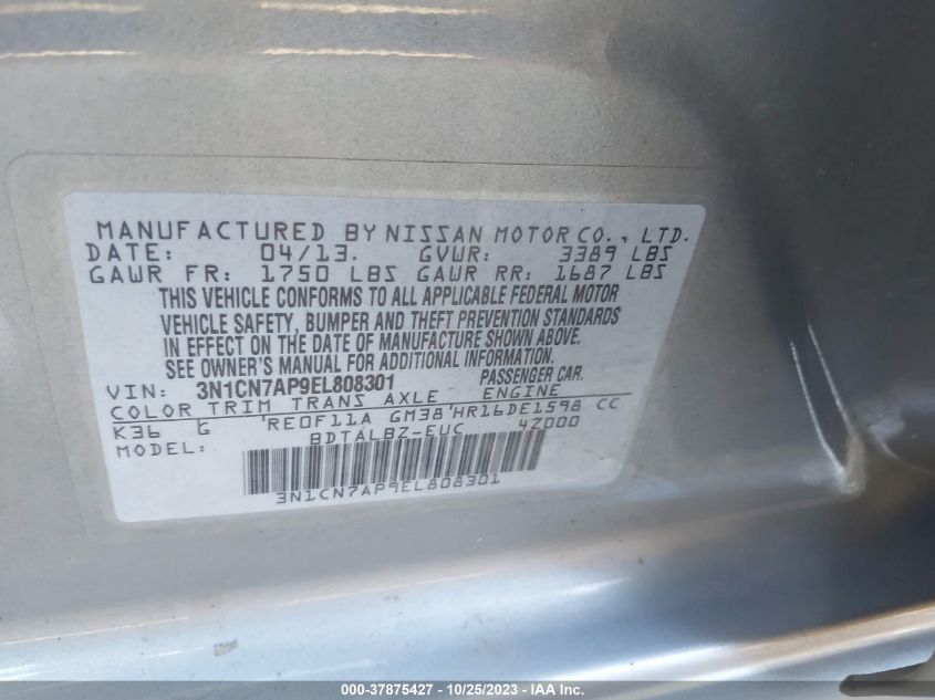 2014 NISSAN VERSA S/S PLUS/SV/SL - 3N1CN7AP9EL808301