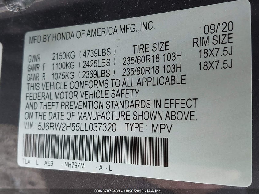 VIN 5J6RW2H55LL037320 2020 HONDA CR-V EX