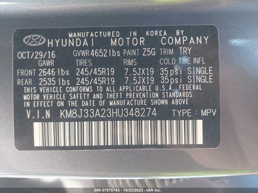2017 HYUNDAI TUCSON LIMITED/SPORT AND ECO/SE - KM8J33A23HU348274