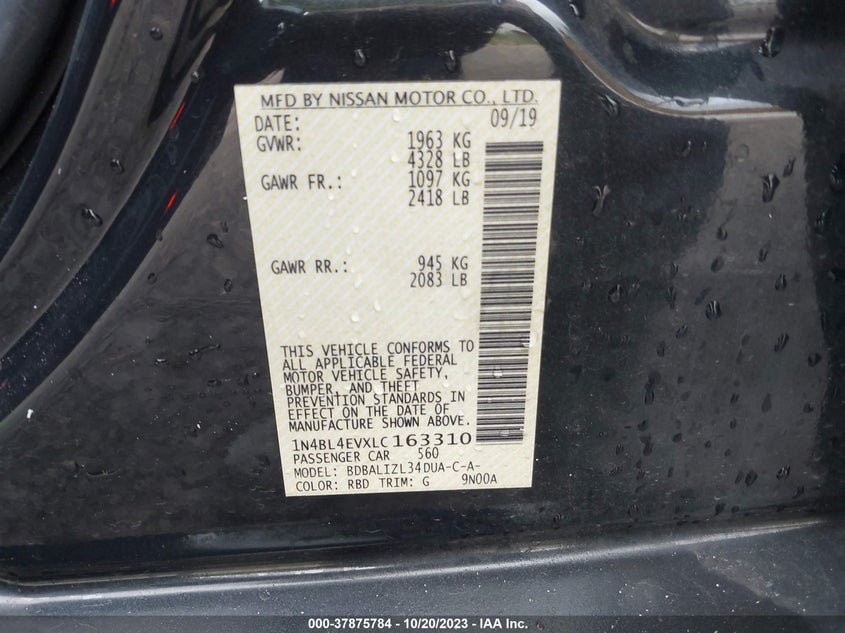 2020 NISSAN ALTIMA VIN: 1N4BL4EVXLC163310