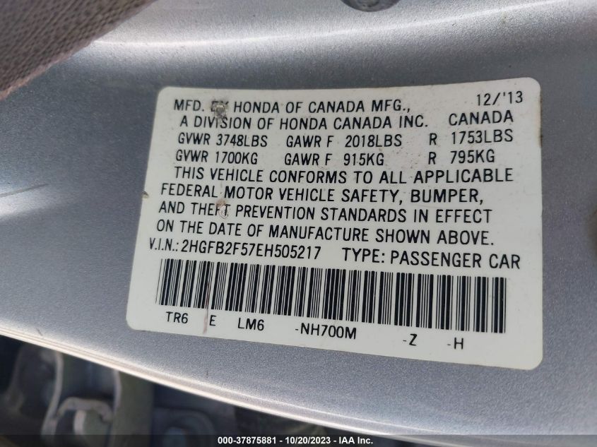 2014 HONDA CIVIC SEDAN LX - 2HGFB2F57EH505217