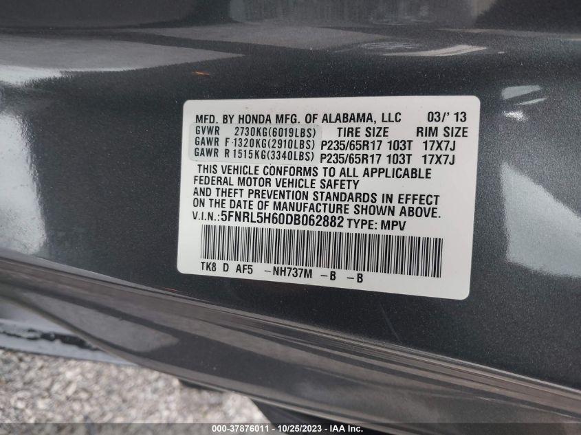 2013 HONDA ODYSSEY EX-L - 5FNRL5H60DB062882