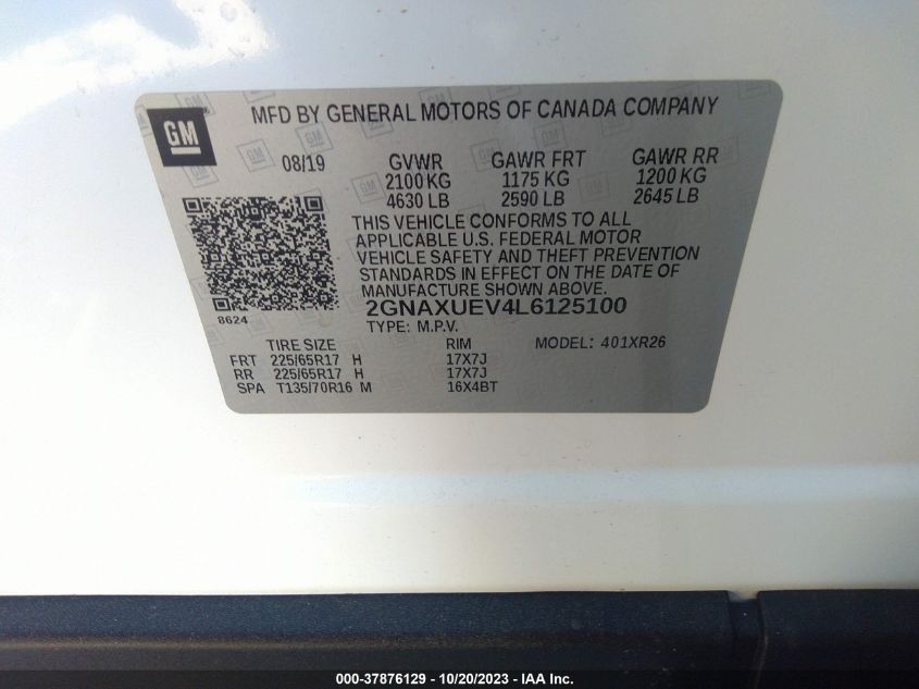 2020 CHEVROLET EQUINOX LT - 2GNAZUEV4L6125100