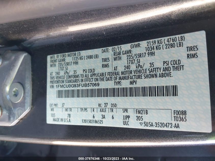 VIN 1FMCU0G93FUB57069 2015 FORD ESCAPE no.9